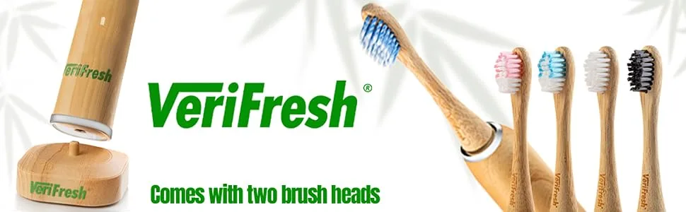 VeriFresh Sonic Bamboo Toothbrush - Biodegradeable Bamboo Heads with Castor Oil bristles - Includes 2 Brush Heads - Replacement Heads Available Separately - VeriFresh sonic toothbrush