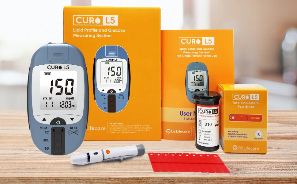 CURO L5 Digital Cholesterol Test Kit Home (Device & 10 Total Cholesterol Strips Included) - Curo L5 package