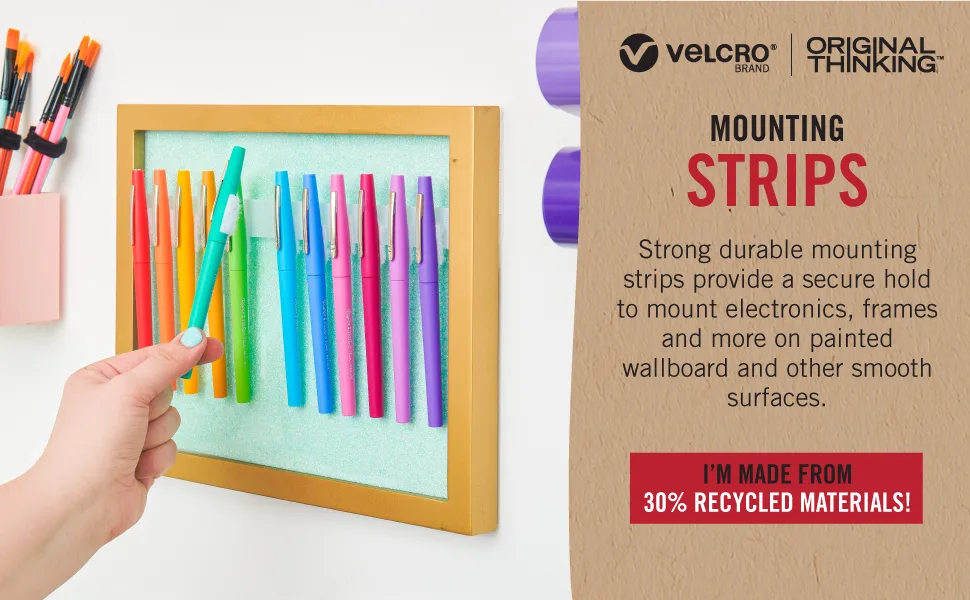 VELCRO Brand ECO Collection | 24 Sets | Stick'EM Hanging Strips with Adhesive | Easy Mounting | 2-1/2in x 3/4in  White with Sticky Back - Eco Collection Mounting Strips