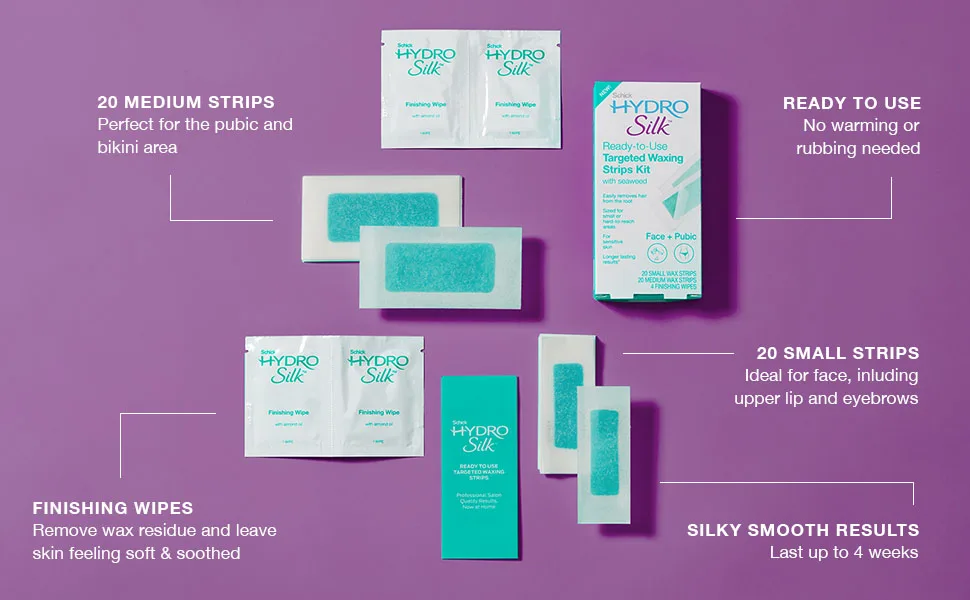 Schick Hydro Silk Waxing Strips for Face  Hair Removal  Eyebrow | Bikini Soft Wax Kit for Women - Hydro Silk targeted wax strips for face brows lips pubic area delicate hair removal