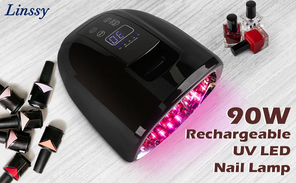 90W Professional Wireless Cordless Rechargeable UV LED Nail Lamp Nail Lamp Gel Nail Curing Dryer Light for Nails with 45 Beads 4 Timer Setting LCD Display Nail Polish Machine (Black) - Wireless