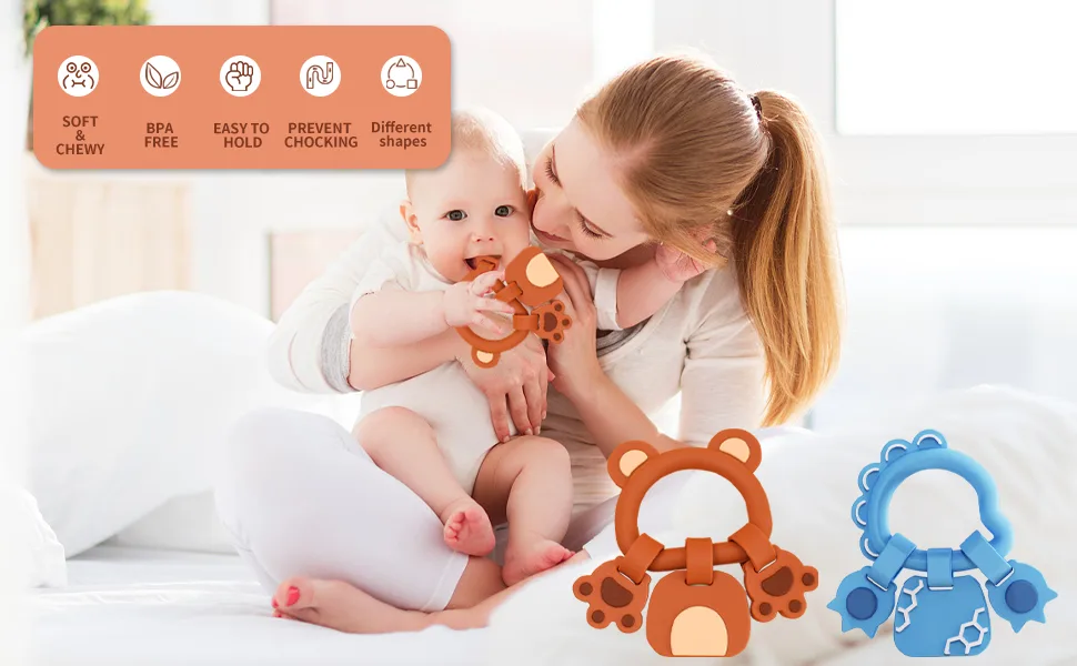 Viyuse Teething Toy Ring  Dinosaur Teether Rings Toys for Infant & Baby Easy to Hold 100% Silicone Teethers Relief Soothe Babies Gums and Pacifier Clip Set for Newborn Blue - 3-18 month teether toys