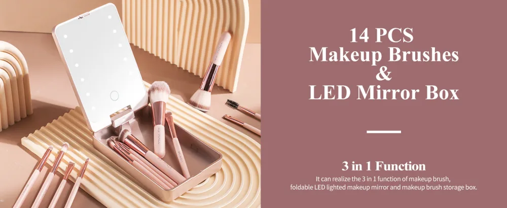 BS-MALL Travel Makeup Brush Set Foundation Powder Concealers Eye Shadows Makeup Set with LED light Mirror 14 Pcs Pink APINK - product information 26