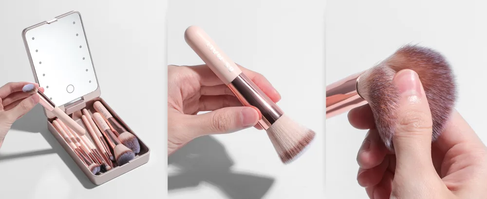 BS-MALL Travel Makeup Brush Set Foundation Powder Concealers Eye Shadows Makeup Set with LED light Mirror 14 Pcs Pink APINK - product information 27
