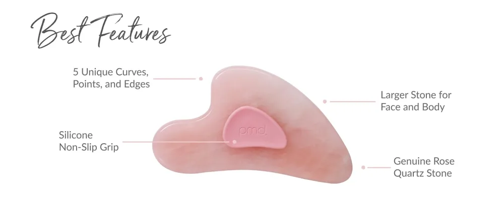 PMD Gua Sha - Massaging  Sculpting  and Depuffing Tool - Custom Design with Genuine Rose Quartz Stone and Silicone Grip - Reduce Tension & Inflammation - 6001-RQ-BTF-Premium-3