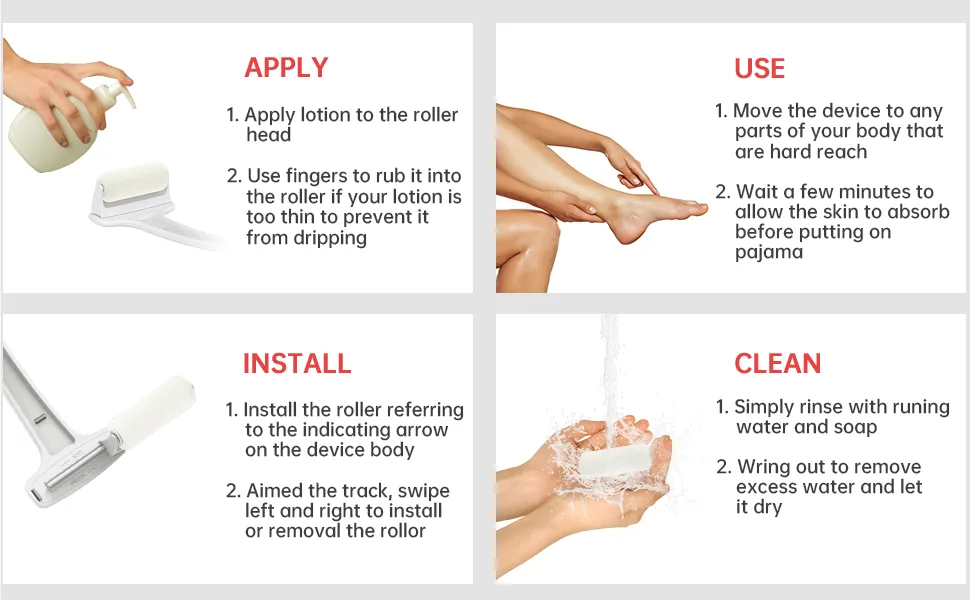 Lotion Applicator for Back & Feet & Body Folding Long Handle 2 Replaceable Foam Rollers Moisturizer Sunscreen Pain Relieving Cream Medicine Self Tanner Back Applicator Wand For Women Men Elderly White - Easy to use