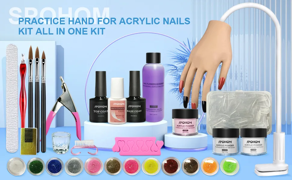 Practice Hand for Acrylic Nails Kit  Spohom Professional Nail Hand Practice Kit Full Set Flexible Movable Fake Nail Practice Hands Training Kits with 100pcs Nail Tips Never Fall Off for Nail Lovers Type A - practice handA+1