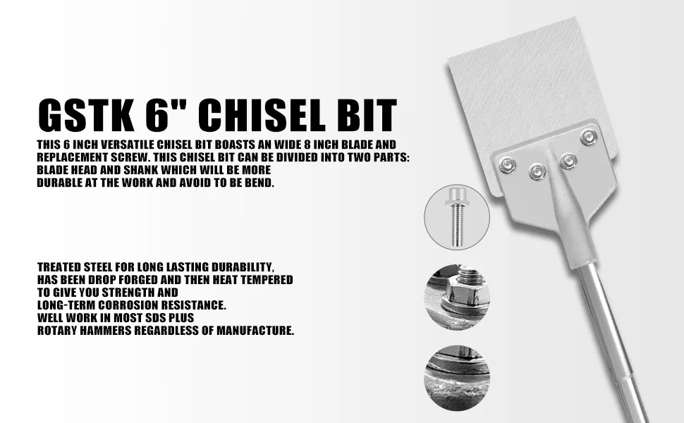 GSTK 6 Chisel Bit with SDS Max Shank  Replacement 8 Blade  and Screws for Tile  Masonry  Concrete  Brick  and Stone Work 2 - product information 4