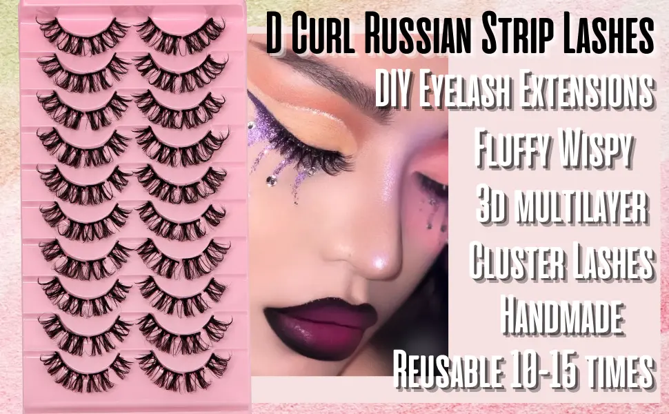 DSLONG 10 Pairs Cluster Lashes D Curl Russian Strip Lashes Fluffy False Eyelashes Individual Natural Wispy Lashes DIY Eyelashes Extension At Home (D01) - D Curl Russian Strip Lashes