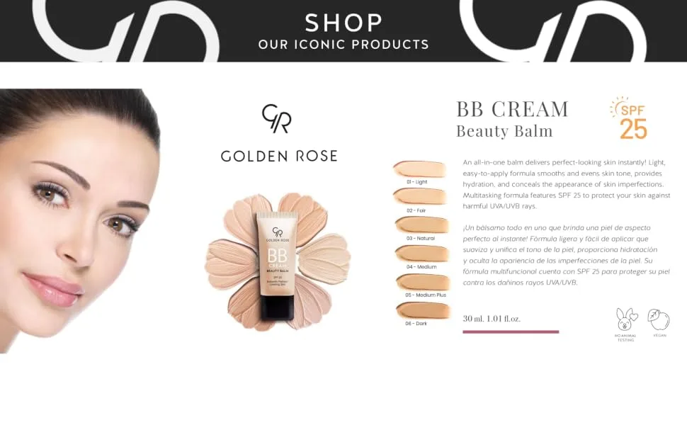 Golden Rose BB Cream Face Foundation  Instant Perfect Looking Skin  Tinted Moisturizer With Broad Spectrum UVA/UVB Sunscreen Spf 25  Matte Makeup (Fair) - product information 2