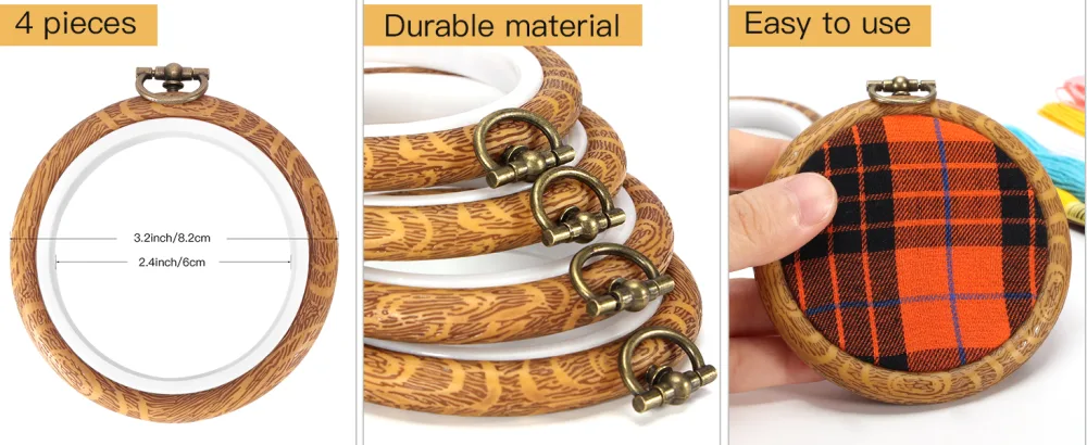Caydo 4 Pieces 3.2 Inch Embroidery Hoops Circle Imitated Wood Display Frame Plastic Cross Stitch Hoops for Art Craft Sewing and Wall Ornaments - Circle Cross Stitch Hoop