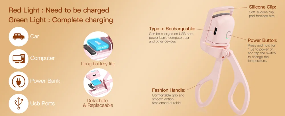 Heated Eyelash Curlers Biutee Rechargeable Electric Eyelash Curler with Double Head Eyelash Comb 2 Heating Modes with Sensing Heating Silicone Pad Pink - product information 2