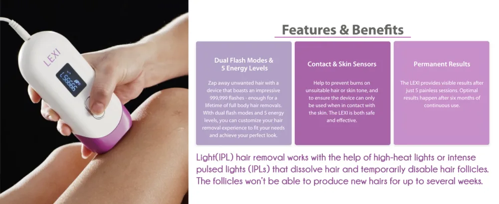 Spa Sciences LEXI Pro FDA Cleared Permanent IPL Hair Removal System with Auto Flash - For Reducing Hair Growth - Includes 5 Customizable Levels and Skin Sensor - lexi