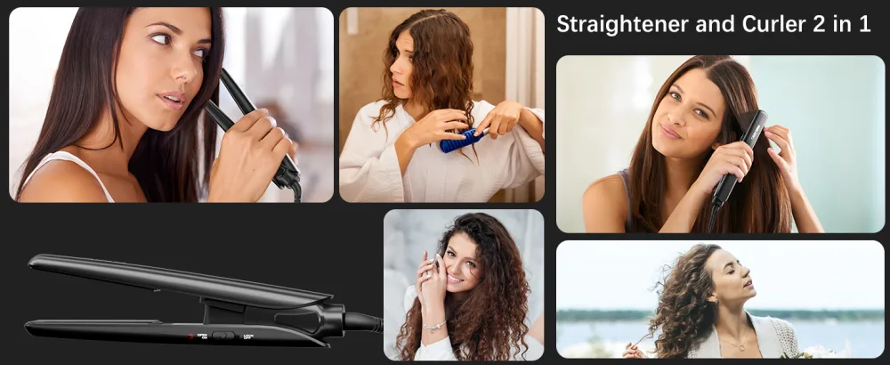 SHRATE Mini Flat Iron 0.7 Inch Ceramic Mini Hair Straightener - Small Flat Irons for Short Hair  Curls Bangs  Travel Flat Iron(Black) - 2 in 1