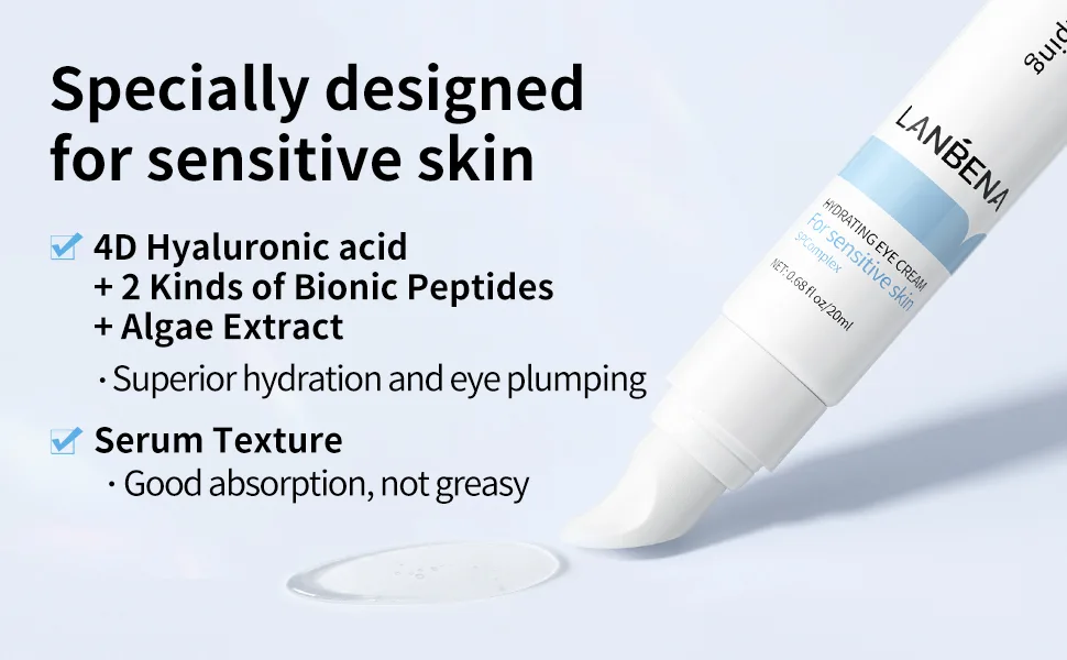 4D Hydrating Under Eye Serum  LANBENA SPComplex Hyaluronic Acid Eye Cream  Moisturizing & Replumping  Reduces Fine Lines & Crow's Feet 2 Bionic Peptides  Algae Extract  Plant Formula for Dark Circles - sensitive skin