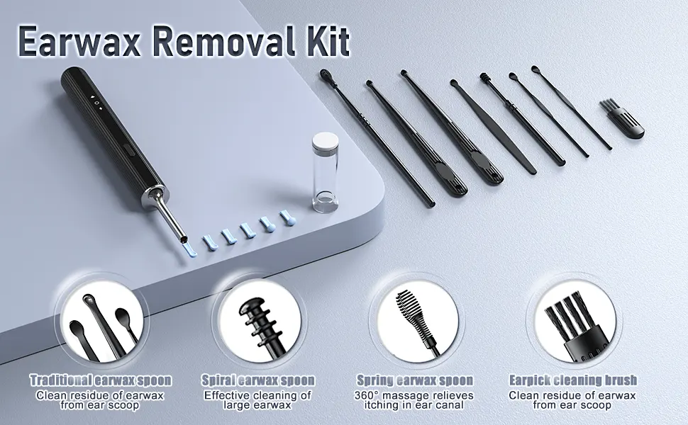 Ear Wax Removal - Earwax Remover Tool with 8 Pcs Ear Set - Ear Camera with 6 Ear Spoon - Ear Cleaner with Camera - Earwax Removal Kit with Light - Ear Cleaner for iOS & Android - Ear Camera