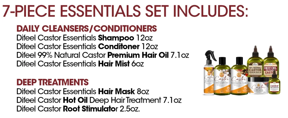 Difeel Essentials Castor Oil for Hair Growth Beauty Bomb for Hair Growth 7-Piece Set - Set Includes