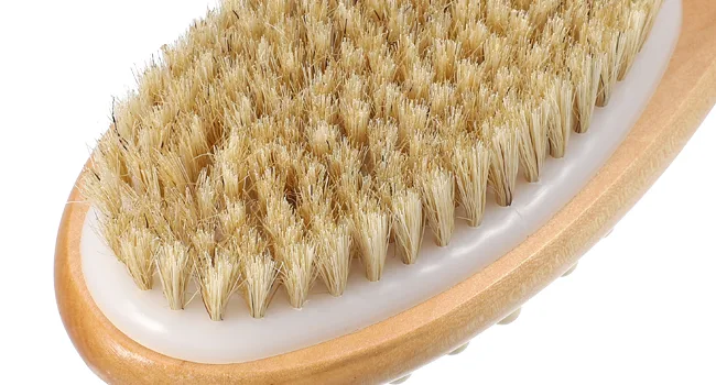 VOCOSTE 1 Pcs Double Sided Bath Brush  Back Scrubber Wood for Shower with Long Handle  Brown  14.6 Inches - Bath Brush