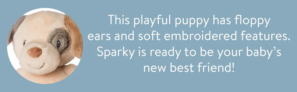 Mary Meyer Soft Baby Rattle with Soothing Teether Ring  Sparky Puppy - this playful puppy has floppy ears and soft embroidered features sparky is ready to be babys friend