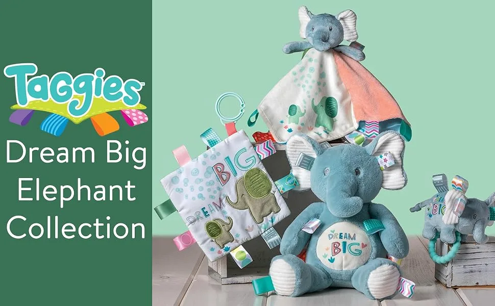 Taggies Soft Baby Rattle with Teether Ring and Sensory Tags  6-Inches  Dream Big Elephant - Dream big elephant collection baby toys on green background stuffed animal teether and blanket