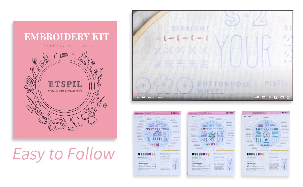 ETSPIL 3 Sets Embroidery Kit for Beginners Learn 33 Different Stitches Includes Stamped Pattern  Hoop  Color Threads Tools Easy to Follow Instruction & Video - A total of 33 embroidery stitches and 3 patterns can be learned,video tutorial