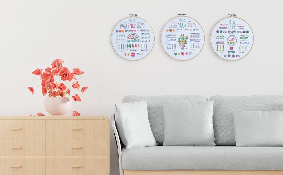 ETSPIL 3 Sets Embroidery Kit for Beginners Learn 33 Different Stitches Includes Stamped Pattern  Hoop  Color Threads Tools Easy to Follow Instruction & Video - The finished embroidery kit works will be displayed in your living room
