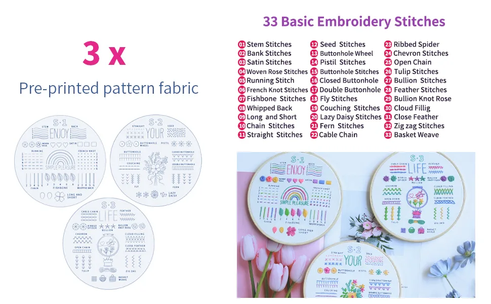 ETSPIL 3 Sets Embroidery Kit for Beginners Learn 33 Different Stitches Includes Stamped Pattern  Hoop  Color Threads Tools Easy to Follow Instruction & Video - You can learn these 33 common stitches and apply them to any pattern in the future