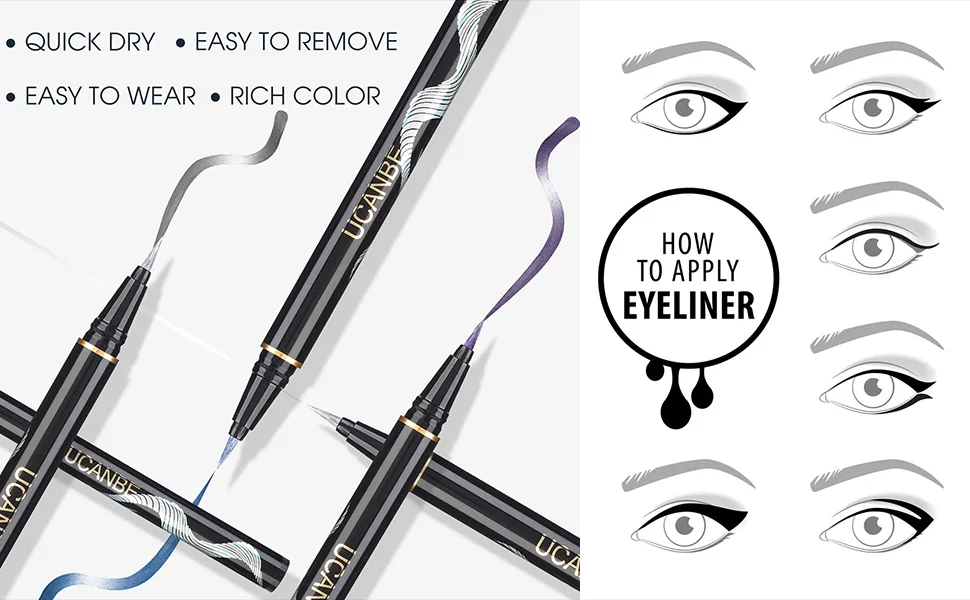 UCANBE 3PC Metallic Liquid Eyeliner Makeup Set  Blue Purple Silver Color Glitter Eye Liner Pen  Long Lasting High Pigmented with Waterproof & Smudge Proof Formula - Colored eyeliner
