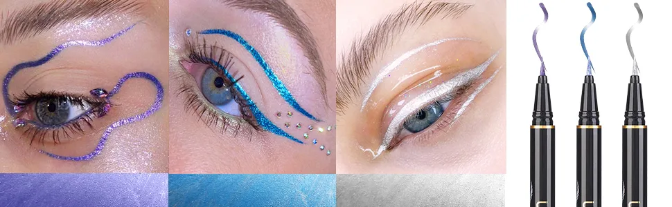 UCANBE 3PC Metallic Liquid Eyeliner Makeup Set  Blue Purple Silver Color Glitter Eye Liner Pen  Long Lasting High Pigmented with Waterproof & Smudge Proof Formula - Eye makeup