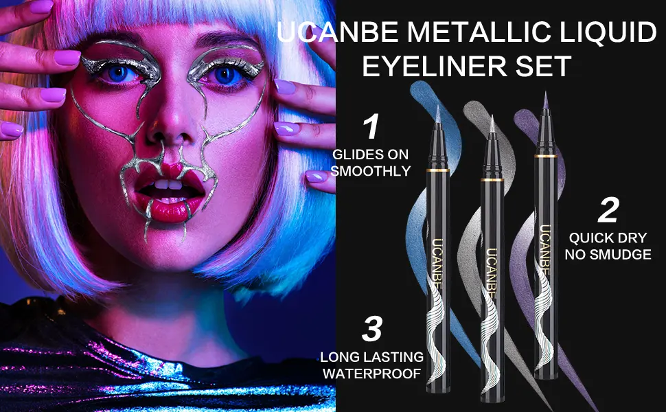 UCANBE 3PC Metallic Liquid Eyeliner Makeup Set  Blue Purple Silver Color Glitter Eye Liner Pen  Long Lasting High Pigmented with Waterproof & Smudge Proof Formula - UCANBE 3PC Metallic Liquid Eyeliner Makeup Set