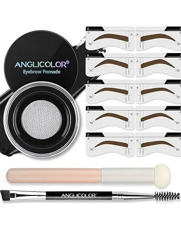 Eyebrow Stamp Eyebrows Stencil Kit  Eye Brow Stencil Kits With 10 Eyebrow Stencils  Brow Pomade  Double-Ended Brush  Sponge Applicator  Long Lasting Eyebrow Pomade(Light Brown 03) 03 SOFT BROWN Set - Anglicolor