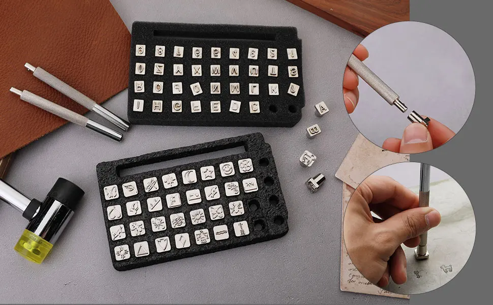 71 PCS Leather Stamping Tools  Leather Stamping Kit with 68 pcs Letters  Numbers and Patterns  2 Pcs Leather Punch Tools  Leather Stamp Set Leather Carving Tools Leather Stamps for Leather Working - Leather Stamping Tools