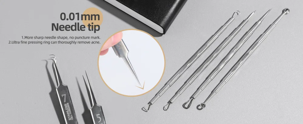 JPNK New Black Pimple Acne Blemish Removal Tools  Blackhead Comedones Extractor Acne Removal Kit Set with Mirror Tweezer - product information 2