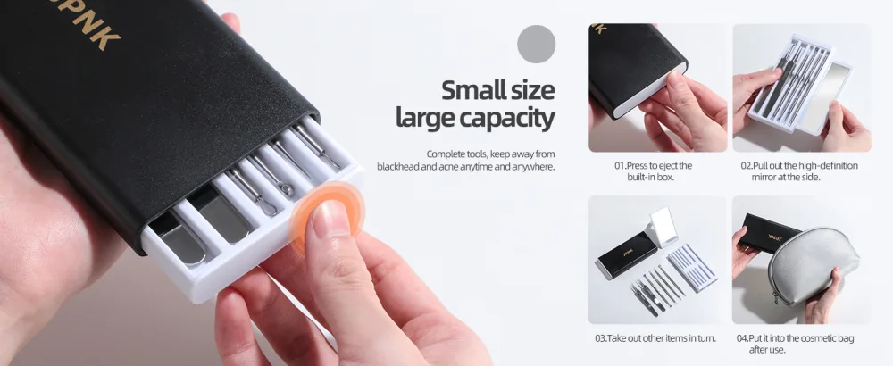JPNK New Black Pimple Acne Blemish Removal Tools  Blackhead Comedones Extractor Acne Removal Kit Set with Mirror Tweezer - product information 3