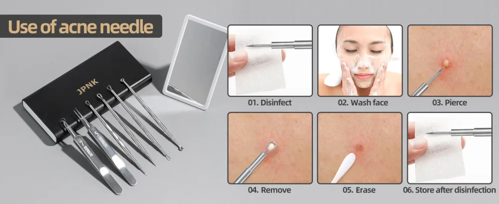 JPNK New Black Pimple Acne Blemish Removal Tools  Blackhead Comedones Extractor Acne Removal Kit Set with Mirror Tweezer - product information 5