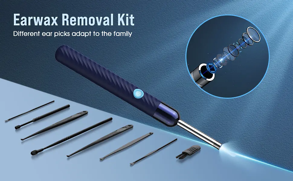 Ear Wax Removal - Earwax Remover Tool with 8 Pcs Ear Set - Ear Cleaner with Camera - Earwax Removal Kit with Light - Ear Camera with 6 Ear Spoon - Ear Cleaner for iOS & Android (Blue) - Ear Wax Removal