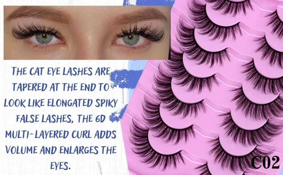 DSLONG Cat Eye Lashes Natural Fluffy Fox Eye Lashes 3D Curl Multi Layered Wispy False Lashes End Eye Elongated Effect Cat Eye Manga Lashes Look Like Eyelashes Extension (C02) - Fluffy multi-layer effect
