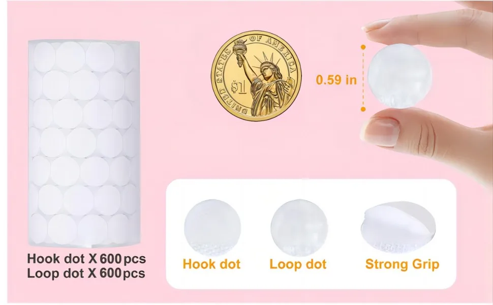 Self Adhesive Dots - 1200pcs (600 Pairs) 0.59 Diameter Sticky Back Hook and Loop Coins for School  Office  Home  Mounting Arts & Crafts - Self Adhesive Dots