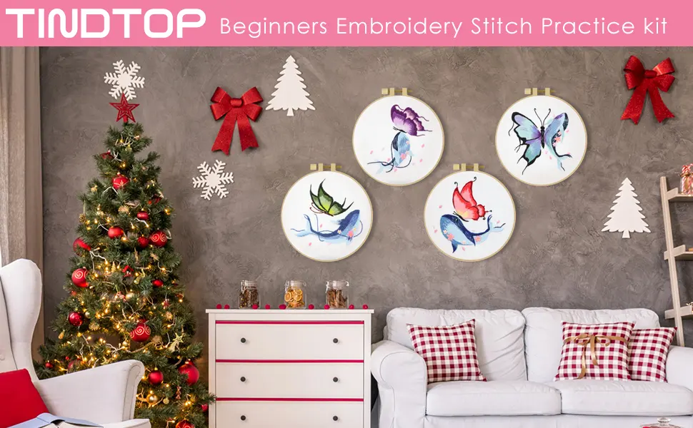 Beginners Embroidery Stitch Practice kit  4 Sets Butterfly Whale Embroidery Kit for Beginners Include Embroidery Cloth Hoops Threads for Craft Lover Hand Stitch with Embroidery Skill Techniques - Beginners embroidery kit