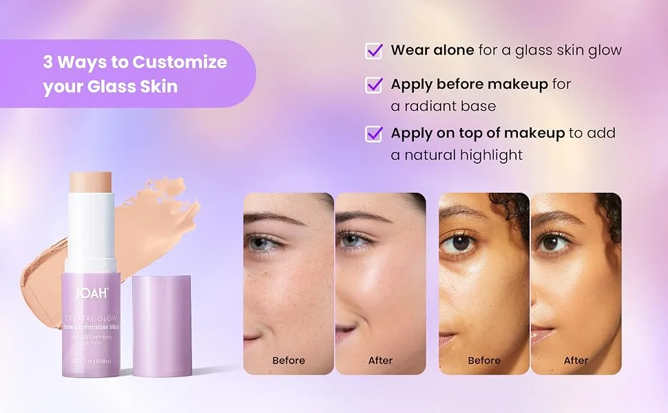 JOAH Beauty Crystal Glow Tinted Luminizer Stick  Multitasking Korean Makeup Highlighter and Bronzer Stick  Customizable Formula for a Natural Glow  Peptide Infused  Light with Neutral Undertones - tinted luminizer stick
