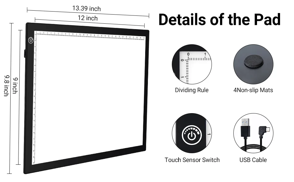 RTjoy A4 LED Light Pad  USB Powered Drawing Board  Adjustable Brightness Tracing Box Ideal for Diamond Painting  Weeding Vinyl  Viewing Slides  Stenciling  Embossing  Quilting Stencils (Black) A4 Light Pad (Black) - light boxes