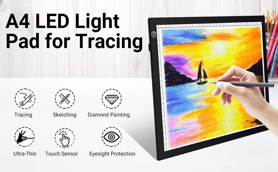 RTjoy A4 LED Light Pad  USB Powered Drawing Board  Adjustable Brightness Tracing Box Ideal for Diamond Painting  Weeding Vinyl  Viewing Slides  Stenciling  Embossing  Quilting Stencils (Black) A4 Light Pad (Black) - light pad