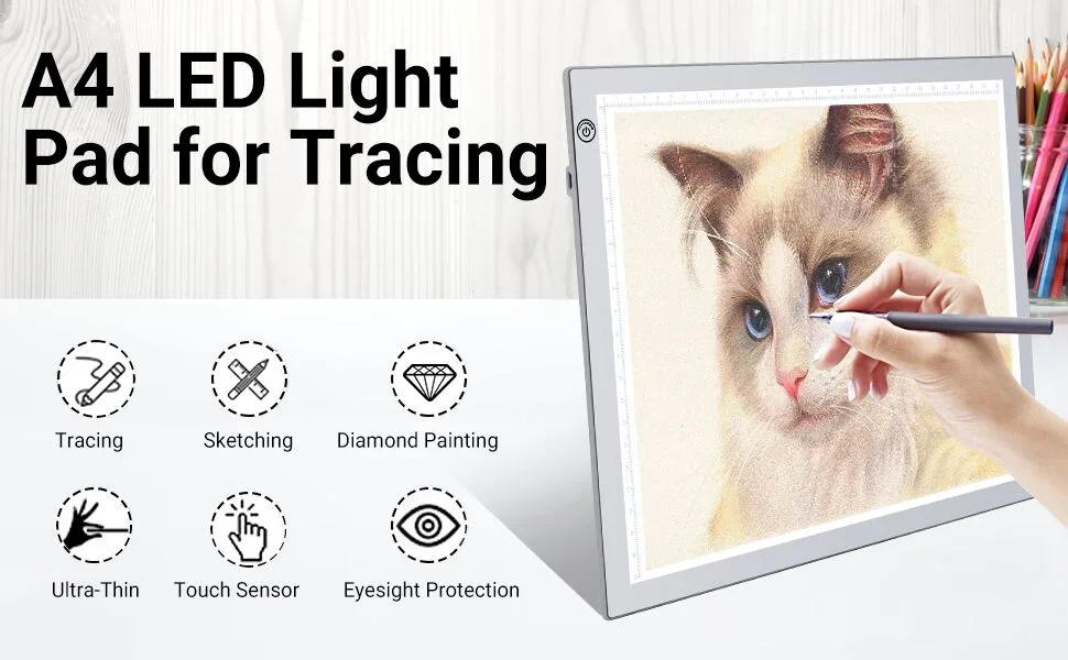 RTjoy A4 LED Light Pad  USB Powered Drawing Board  Adjustable Brightness Tracing Box Ideal for Diamond Painting  Weeding Vinyl  Viewing Slides  Stenciling  Embossing  Quilting Stencils (Silver) A4 Light Pad (Silver) - light pad