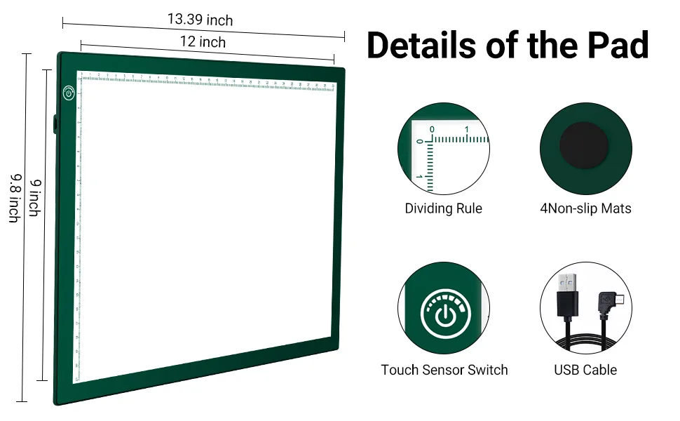 RTjoy A4 LED Light Pad  USB Powered Drawing Board  Adjustable Brightness Tracing Box Ideal for Diamond Painting  Weeding Vinyl  Viewing Slides  Stenciling  Embossing  Quilting Stencils (Green) A4 Light Pad (Green) - light boxes