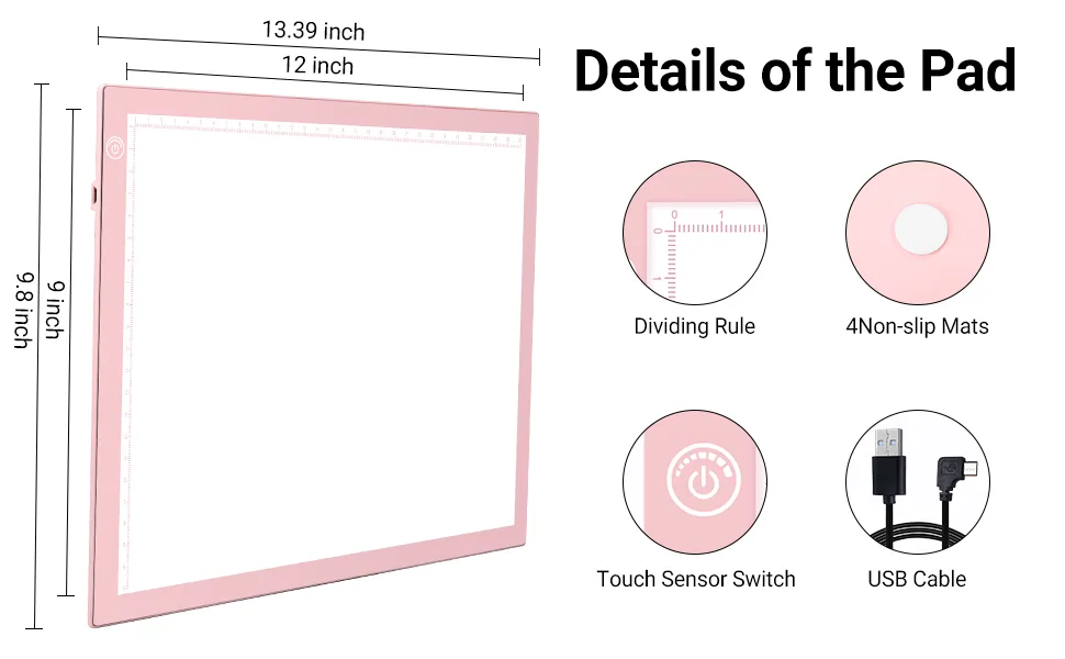 RTjoy A4 LED Light Pad  USB Powered Drawing Board  Adjustable Brightness Tracing Box Ideal for Diamond Painting  Weeding Vinyl  Viewing Slides  Stenciling  Embossing  Quilting Stencils (Pink) A4 Light Pad (Pink) - light boxes