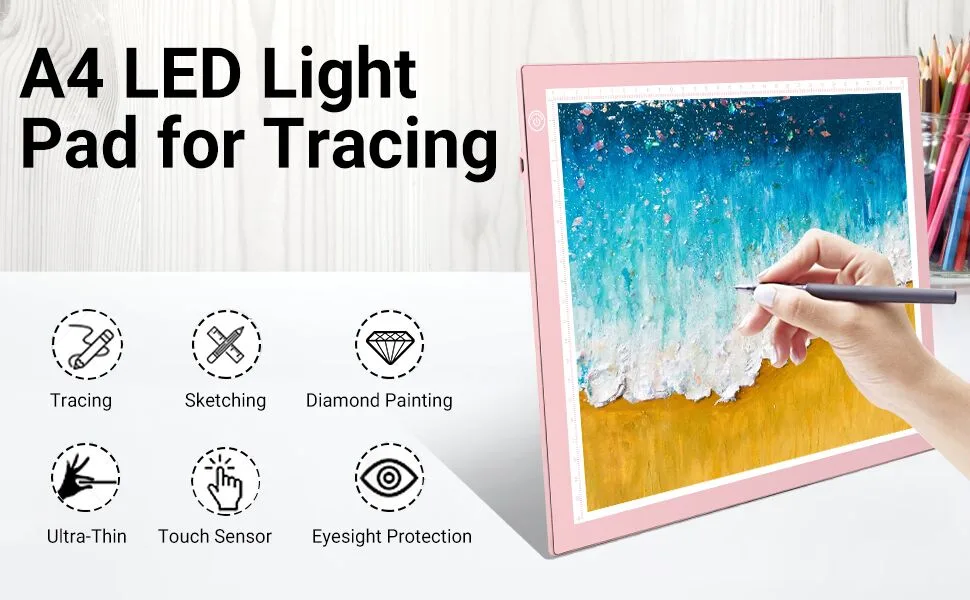 RTjoy A4 LED Light Pad  USB Powered Drawing Board  Adjustable Brightness Tracing Box Ideal for Diamond Painting  Weeding Vinyl  Viewing Slides  Stenciling  Embossing  Quilting Stencils (Pink) A4 Light Pad (Pink) - light pad