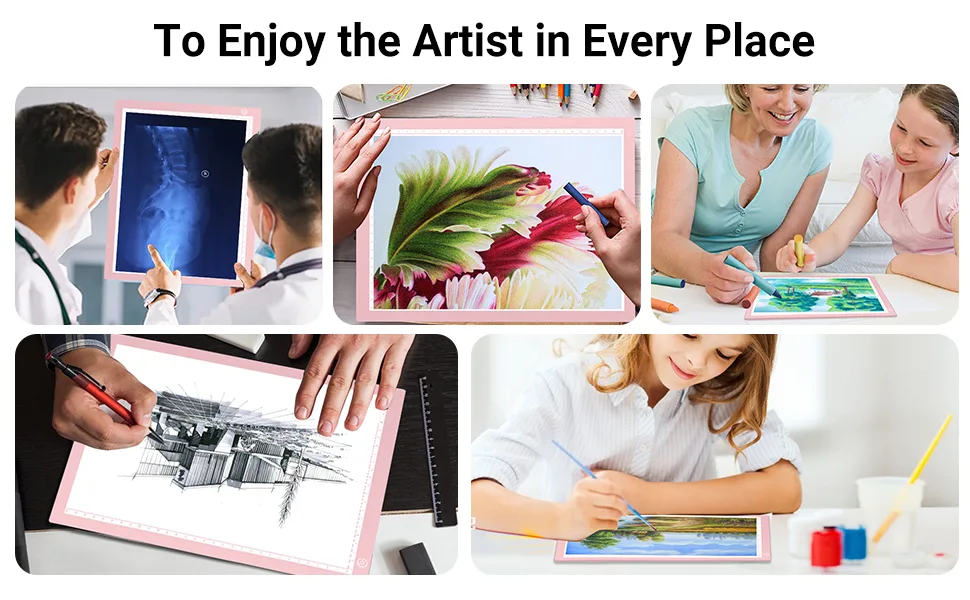 RTjoy A4 LED Light Pad  USB Powered Drawing Board  Adjustable Brightness Tracing Box Ideal for Diamond Painting  Weeding Vinyl  Viewing Slides  Stenciling  Embossing  Quilting Stencils (Pink) A4 Light Pad (Pink) - light table