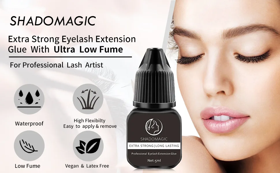 Extra Strong Eyelash Extension Glue for False Eye Lash Extensions Professional Use 5ml 1-2S Dring Time & 8 Weeks Retension  Low Fume Max Bonding Black Adhesive for Semi Permanent Eyelash Extension - shadomagic professional eyelash extension glue