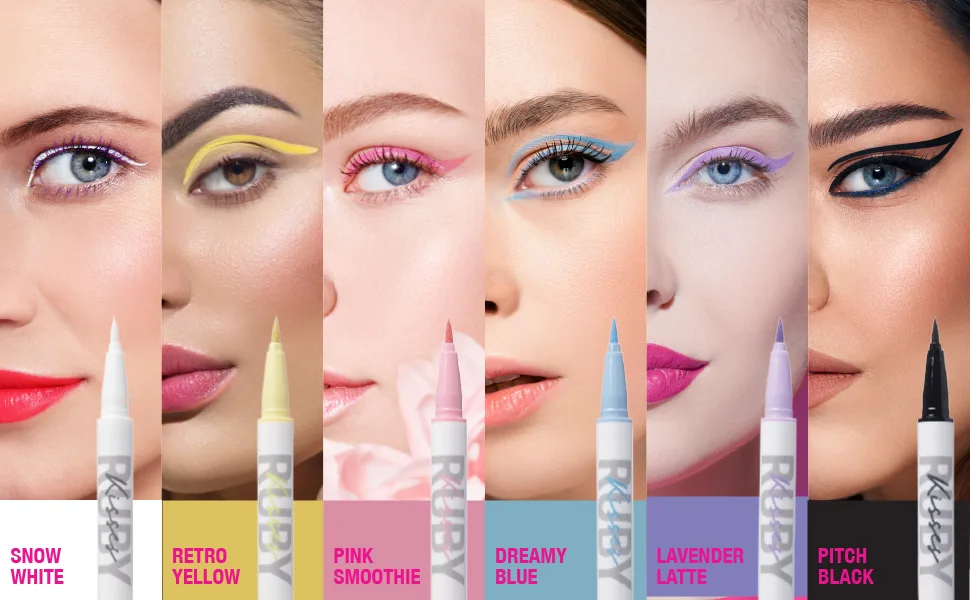 Ruby Kisses Party Proof Eyeliner  Pastel Colors Premium Felt-tip Waterproof Long-lasting Eyeliner (Snow White) - each color applied