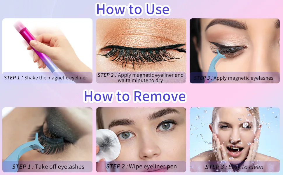 Magnetic Eyelashes Kit  Lashes Natural Look  Reusable False Eyelashes  Magnetic Eyelashes with Eyeliner  2 Magnetic Eyeliners & Tweezers - How to use & How to remove